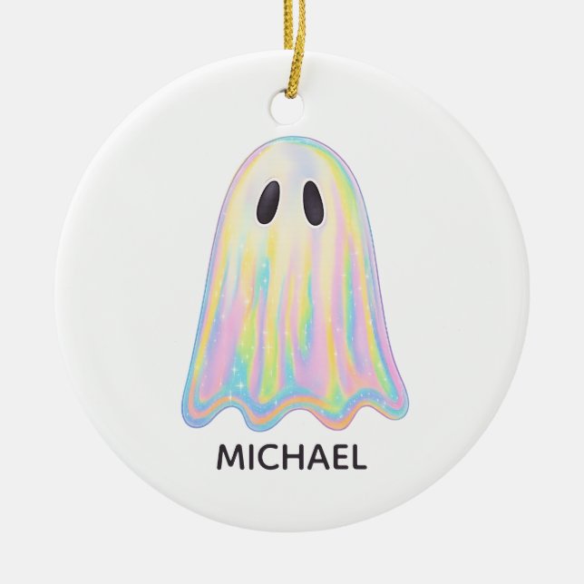 Cute Pastel Rainbow Ghost | Aesthetic Spooky Ceramic Tree Decoration (Front)