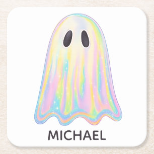 Cute Pastel Rainbow Ghost Aesthetic Spooky Square Paper Coaster