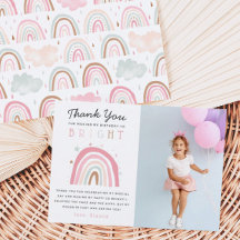 Cute Pastel Rainbow Girls Birthday Party Photo Thank You Card