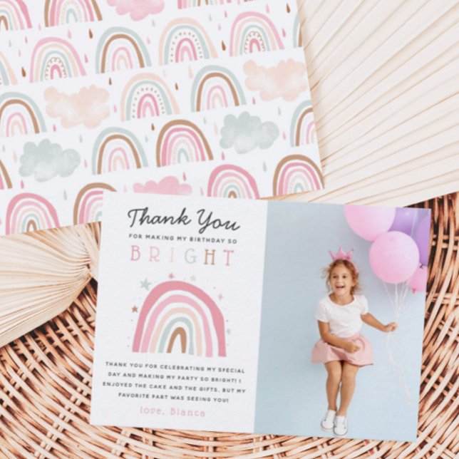 Cute Pastel Rainbow Girls Birthday Party Photo Thank You Card (Creator Uploaded)