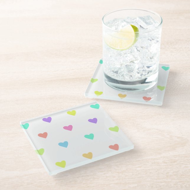 Cute Pastel Rainbow Hearts Pattern Glass Coaster (Angled)