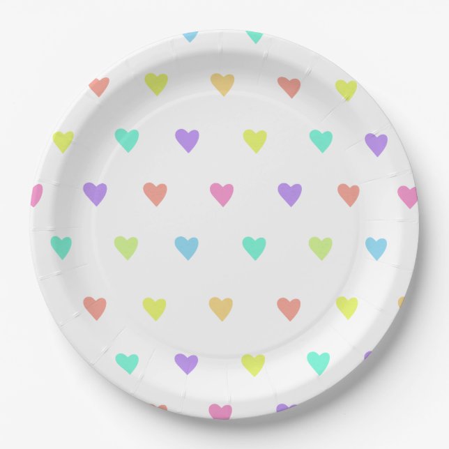 Cute Pastel Rainbow Hearts Pattern Paper Plate (Front)