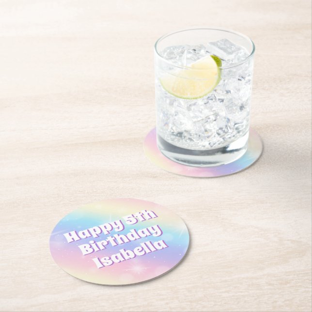 Cute Pastel Rainbow Sparkle Kids Birthday Party Round Paper Coaster (Insitu)