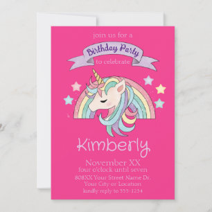 Cute Pastel Rainbow & Sparkly Unicorn on Hot Pink Invitation