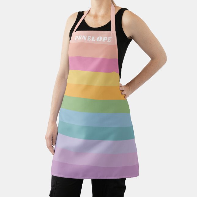 Cute Pastel Rainbow Stripes Personalised Name Apron (Insitu)