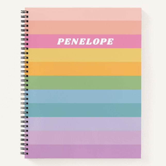Cute Pastel Rainbow Stripes Personalised Name Notebook (Front)