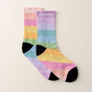 Cute Pastel Rainbow Stripes Personalised Name Socks