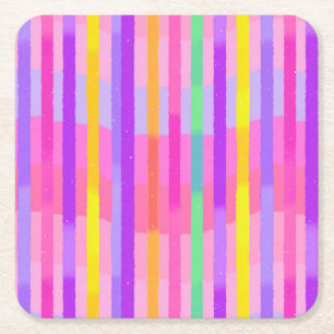 Cute Pastel Rainbow Stripes Square Paper Coaster