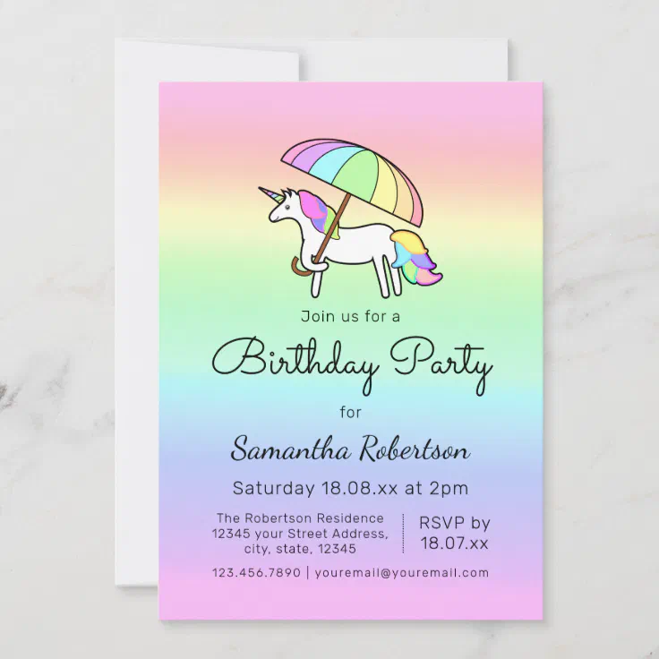 Cute Pastel Rainbow Unicorn Birthday Party Invitation Zazzle 