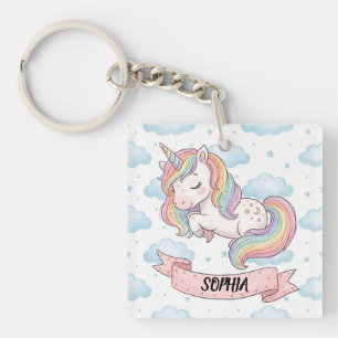 Cute Pastel Rainbow Unicorn Clouds Personalized Key Ring