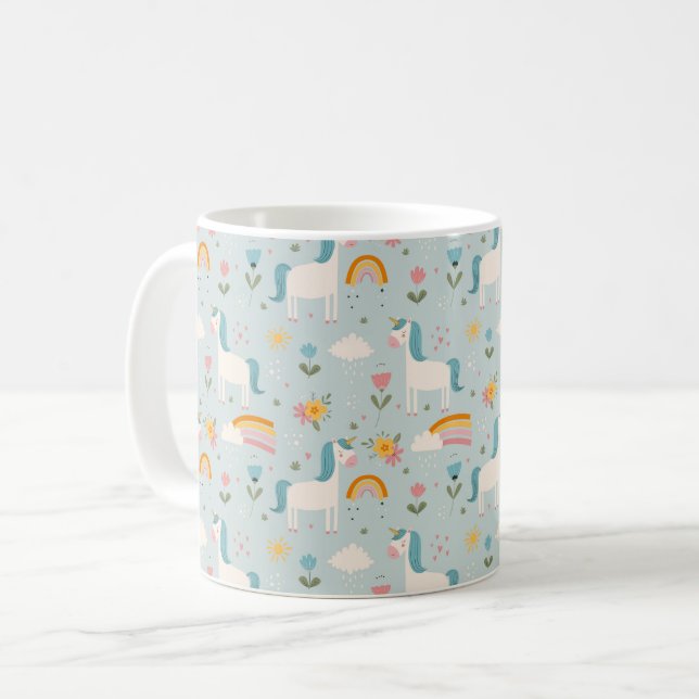 Cute pastel Rainbow Unicorn Pattern Coffee Mug (Front Left)