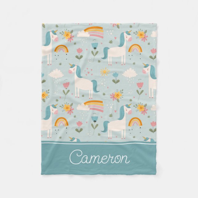 Cute pastel Rainbow Unicorn Pattern Fleece Blanket (Front)