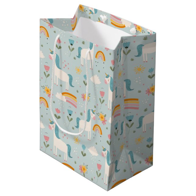Cute pastel Rainbow Unicorn Pattern Medium Gift Bag (Front Angled)