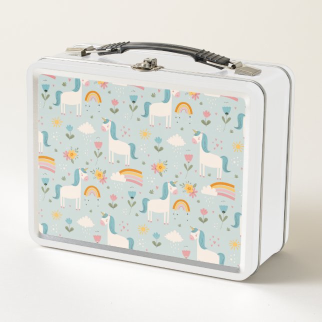 Cute pastel Rainbow Unicorn Pattern Metal Lunch Box (Front)