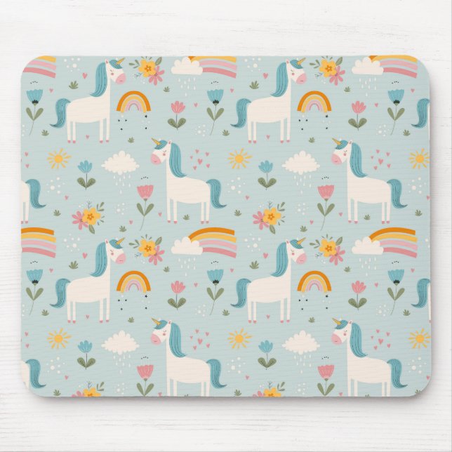Cute pastel Rainbow Unicorn Pattern Mouse Mat (Front)