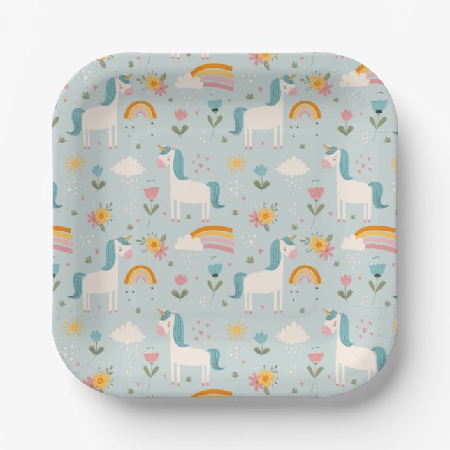 Cute pastel Rainbow Unicorn Pattern Paper Plate (Front)
