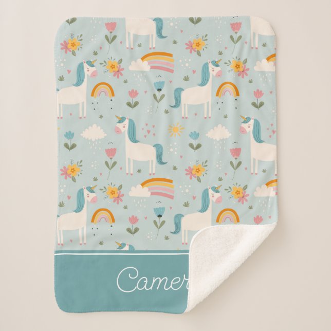 Cute pastel Rainbow Unicorn Pattern Sherpa Blanket (Front)