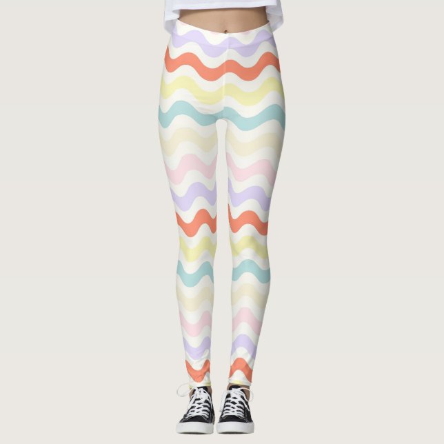 Cute Pastel Rainbow Wavy Lines Colorful Geometric  Leggings (Front)