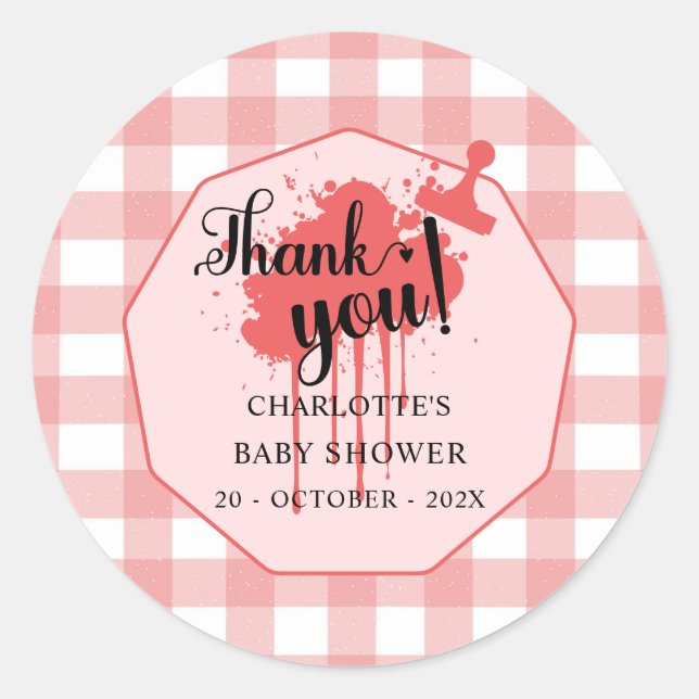 Cute Pastel Red Gingham Baby Shower Classic Round Sticker (Front)