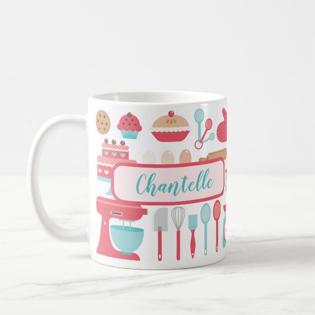 Cute pastel retro kitchen baking utensils pattern coffee mug (Left)