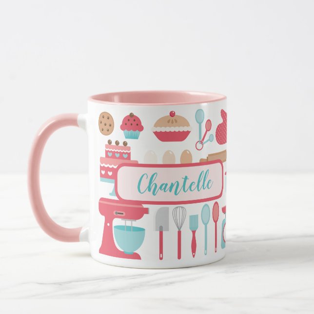 Cute pastel retro kitchen baking utensils pattern  mug (Left)