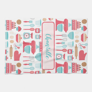 Cute pastel retro kitchen utensils pattern tea towel