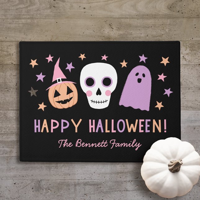 Cute Pastel Skull Happy Halloween Name Doormat (Creator Uploaded)