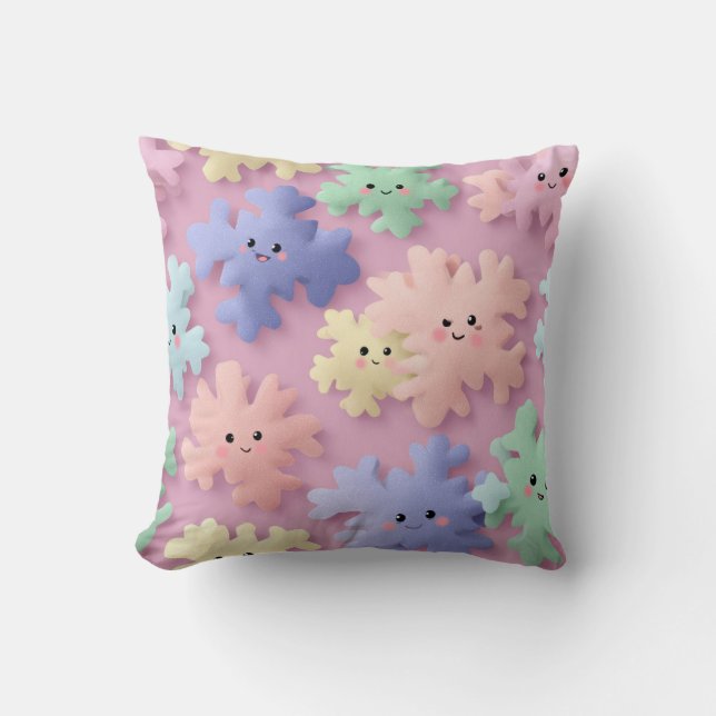 Cute Pastel Snowflake Smiles Throw Pillow (Front)