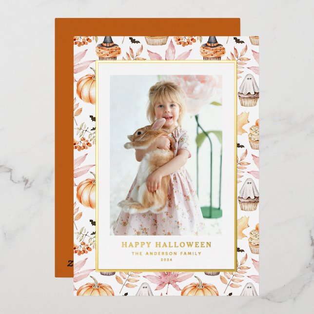 Cute Pastel Spooky Cupcakes Happy Halloween Photo Foil Holiday Card (Front/Back)