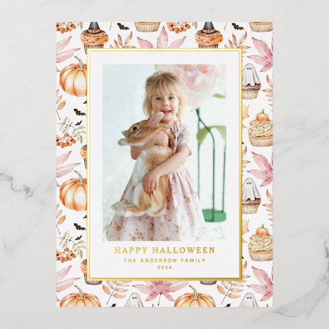 Cute Pastel Spooky Cupcakes Happy Halloween Photo Foil Holiday Postcard (Front)