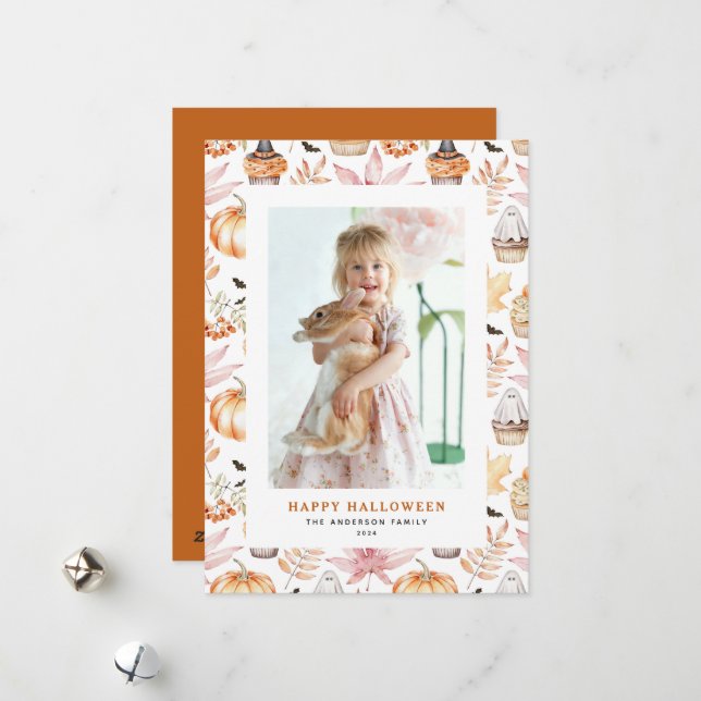 Cute Pastel Spooky Cupcakes Happy Halloween Photo Holiday Card (Front/Back In Situ)