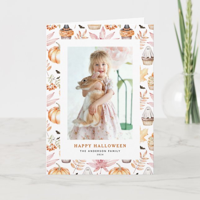 Cute Pastel Spooky Cupcakes Happy Halloween Photo Holiday Card (Front)