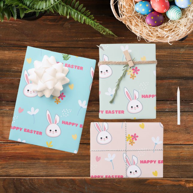 Cute Pastel Spring Blooms Bunny Happy Easter  Wrapping Paper Sheet (Creator Uploaded)