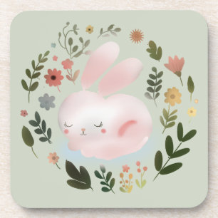 Cute Pastel Spring Bunny Floral Wreath Nursery Art Coaster