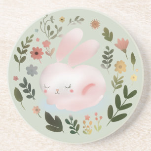 Cute Pastel Spring Bunny Floral Wreath Nursery Art Coaster