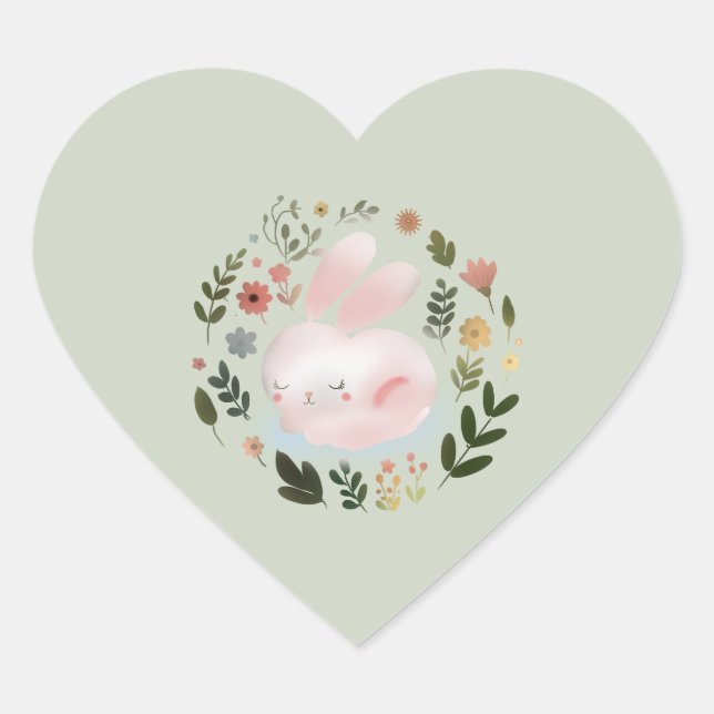 Cute Pastel Spring Bunny Floral Wreath Nursery Art Heart Sticker (Front)
