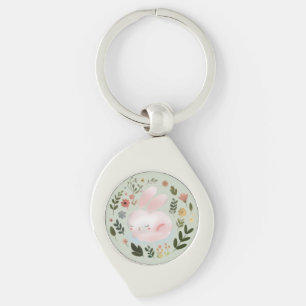 Cute Pastel Spring Bunny Floral Wreath Nursery Art Key Ring