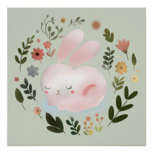 Cute Pastel Spring Bunny Floral Wreath Nursery Art Poster