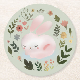 Cute Pastel Spring Bunny Floral Wreath Nursery Art Round Paper Coaster