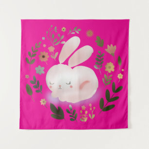 Cute Pastel Spring Bunny Floral Wreath Nursery Art Tapestry