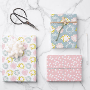 Cute Pastel Spring Flowers, Polkadots & Stripes Wrapping Paper Sheet