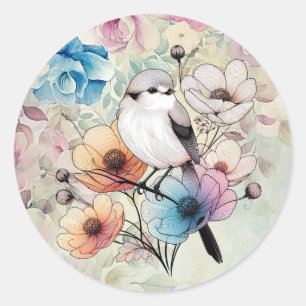 Cute Pastel Spring Watercolor Floral Bird  Classic Round Sticker