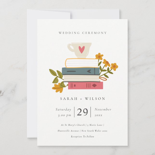 Cute Pastel Stacked Books Floral Wedding Invite (Front)