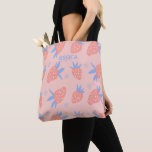 Cute Pastel Strawberry Pattern Pink Personalised Tote Bag<br><div class="desc">Cute and fruity bag idea for summer in light shades of pink and blue. Personalise with a name or click edit to remove text and dotted line if you prefer.</div>
