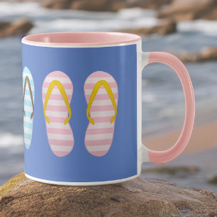 Cute Pastel Striped Flip Flops on Blue Mug
