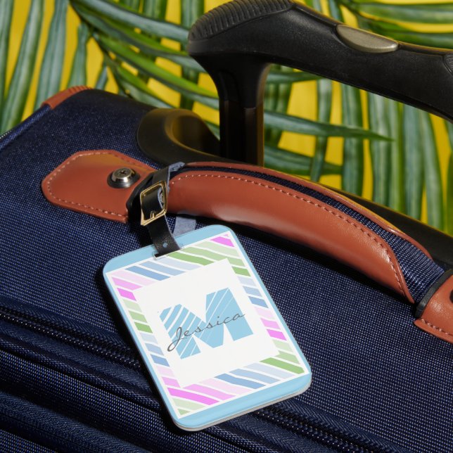 Cute Pastel Striped Modern Monogram Luggage Tag (Front Insitu 1)