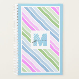 Cute Pastel Striped Modern Monogram Planner