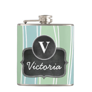 Cute Pastel Stripes Chalkboard Monogram Hip Flask