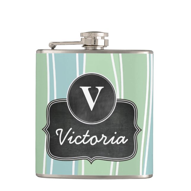 Cute Pastel Stripes Chalkboard Monogram Hip Flask (Front)