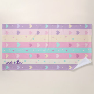 Cute Pastel Stripes Hearts Polka Dots Monogram Beach Towel